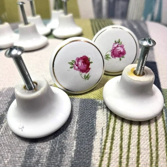 Vtg Porcelain Rose Drawer Knobs x 10 Shabby Chic Cottage Core Cabinet Knob Japan - Picture 7 of 8